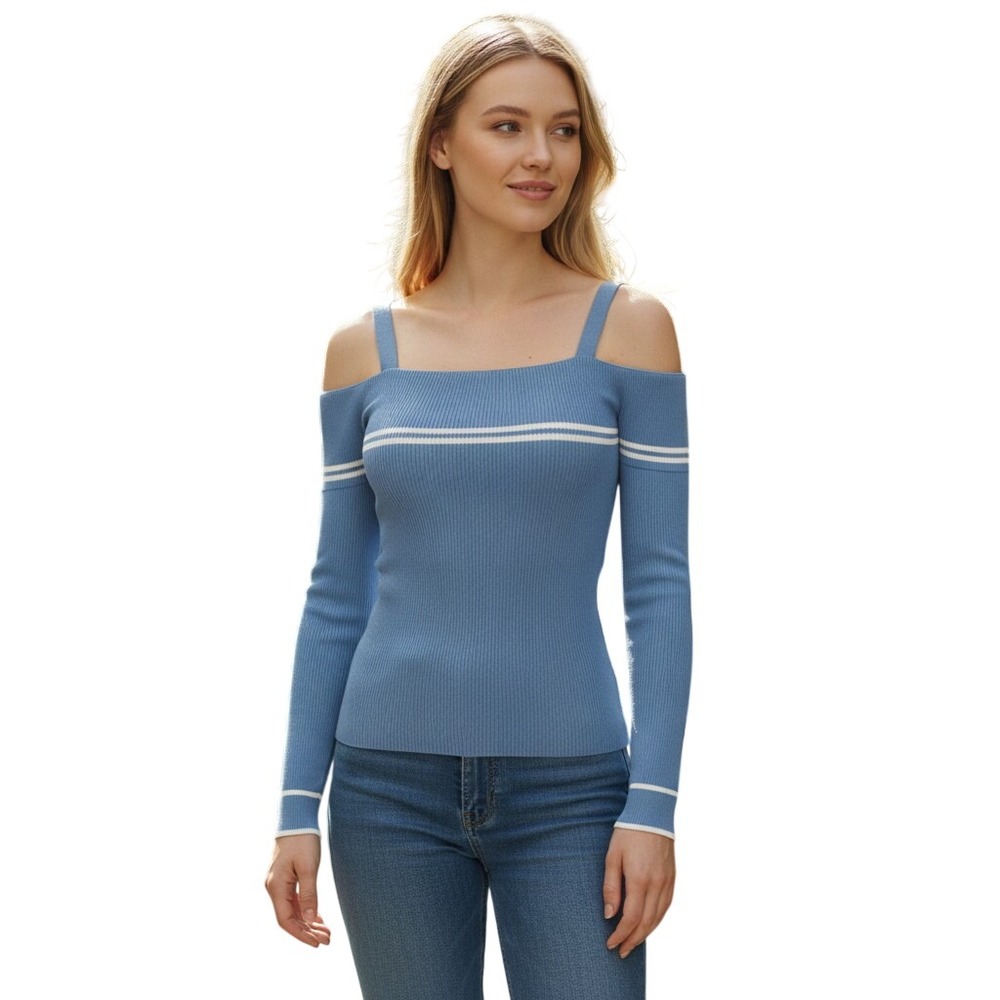 Belldini Bluebell White Cold Shoulder Chevron Ribbed Sweater BS230122X 1X